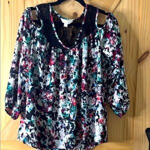 EUC Decree Black Multicolor Floral Blouse with Lace